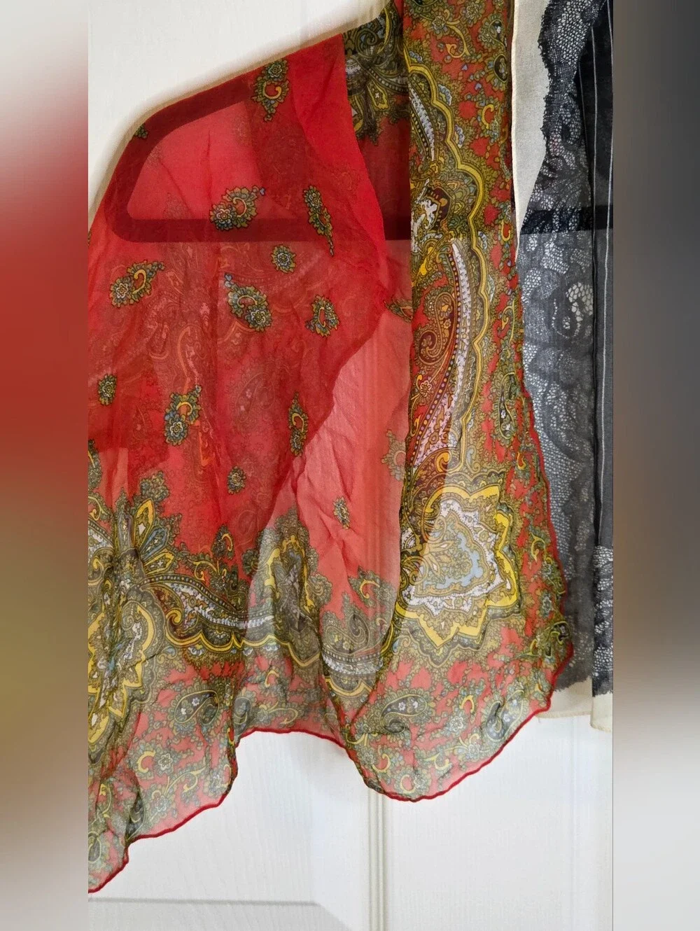 VTG Silk Scarf Lot Set of2 | Paisley Red & Striped Lace Charcoal 21